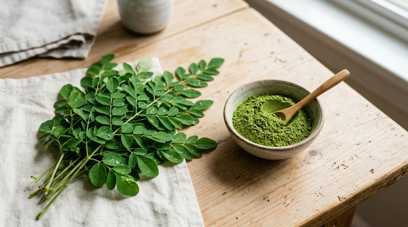Hojas frescas de moringa y polvo de moringa sobre una mesa de madera clara