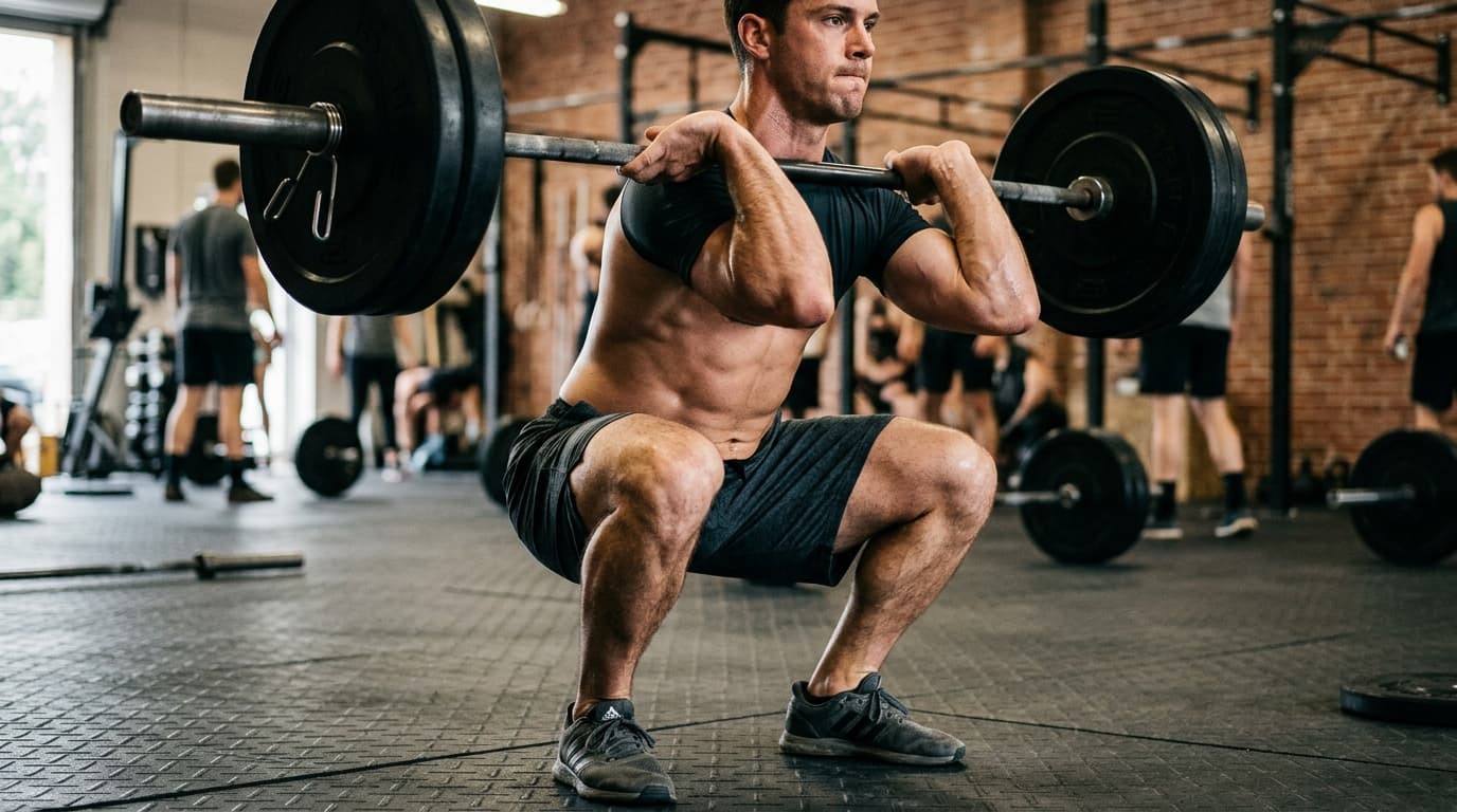 Nahaufnahme der Beinmuskulatur einer Person, die beim Krafttraining eine kontrollierte Kniebeuge ausführt