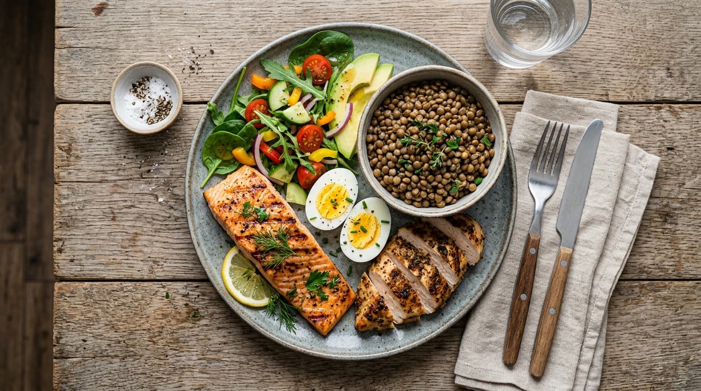 Ausgewogene Mahlzeit mit gegrilltem Fisch, Hähnchen, einer Schale Linsen, Eiern und Gemüse als Beispiel für eine eiweißreiche Ernährung beim Muskelaufbau