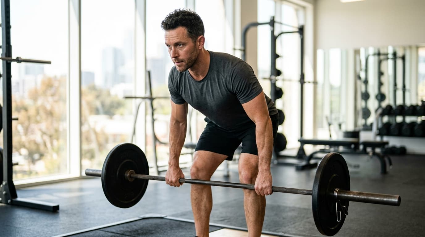 Mann mittleren Alters beim kontrollierten Krafttraining mit einer Langhantel in einem hellen Fitnessstudio