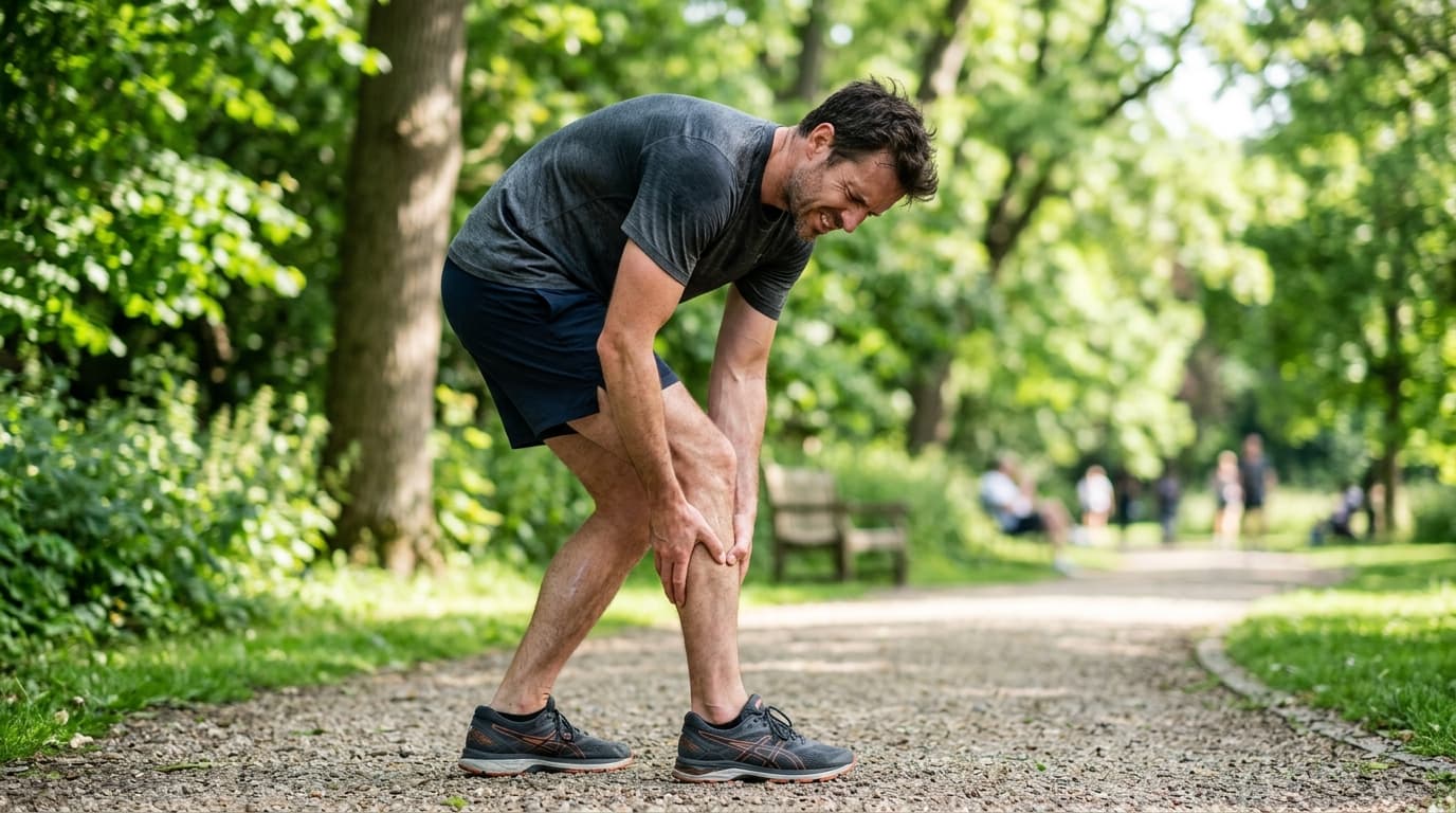 Mann mittleren Alters fasst sich nach dem Sport an die schmerzende Wadenmuskulatur in einem hellen Park