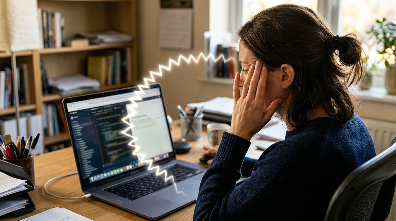 A person at a desk pressing fingers to the temple while a shimmering crescent of zigzag light partly obscures the view of a laptop