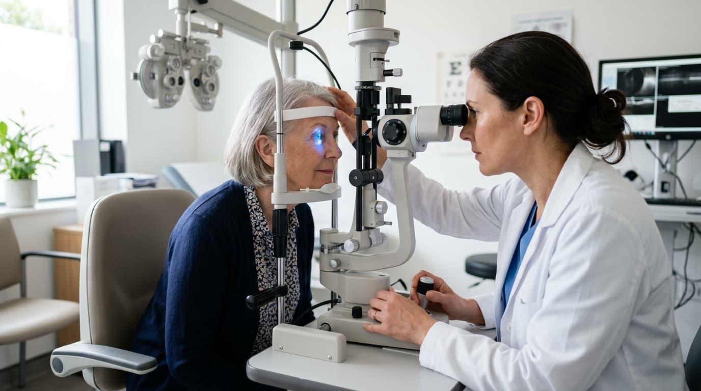 An eye doctor examining a patient's eye with a slit lamp in a bright clinic, illustrating an eye examination