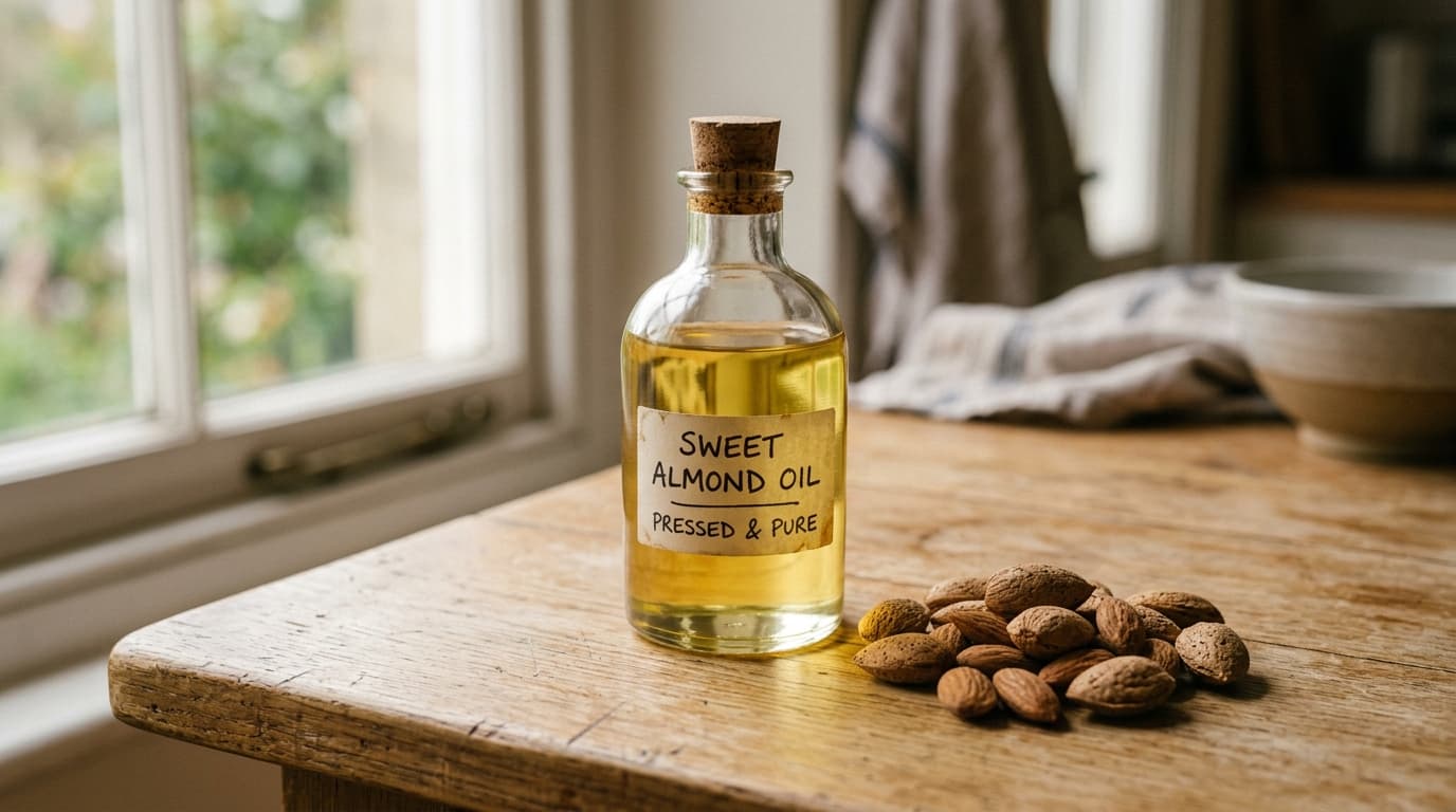 Frasco de vidro âmbar com óleo de amêndoas doce ao lado de amêndoas sobre uma bancada de madeira clara