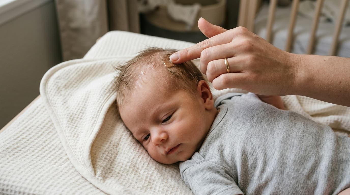 Mão de adulto aplicando óleo no couro cabeludo do bebê para amolecer a crosta láctea