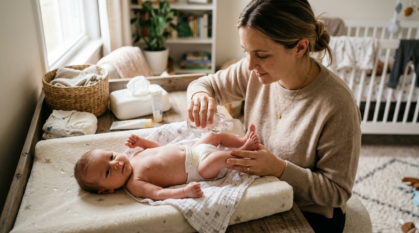 Mãe aplicando óleo de bebê nas pernas do recém-nascido durante a troca de roupa