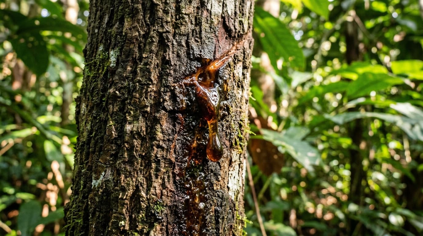 Gotas de oleorresina escura escorrendo de um tronco de árvore de copaíba na floresta
