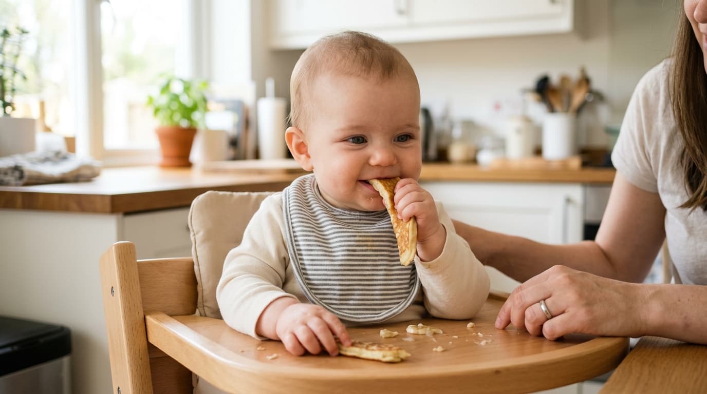 Bebê sentado na cadeira de alimentação segurando uma tira de panqueca de banana