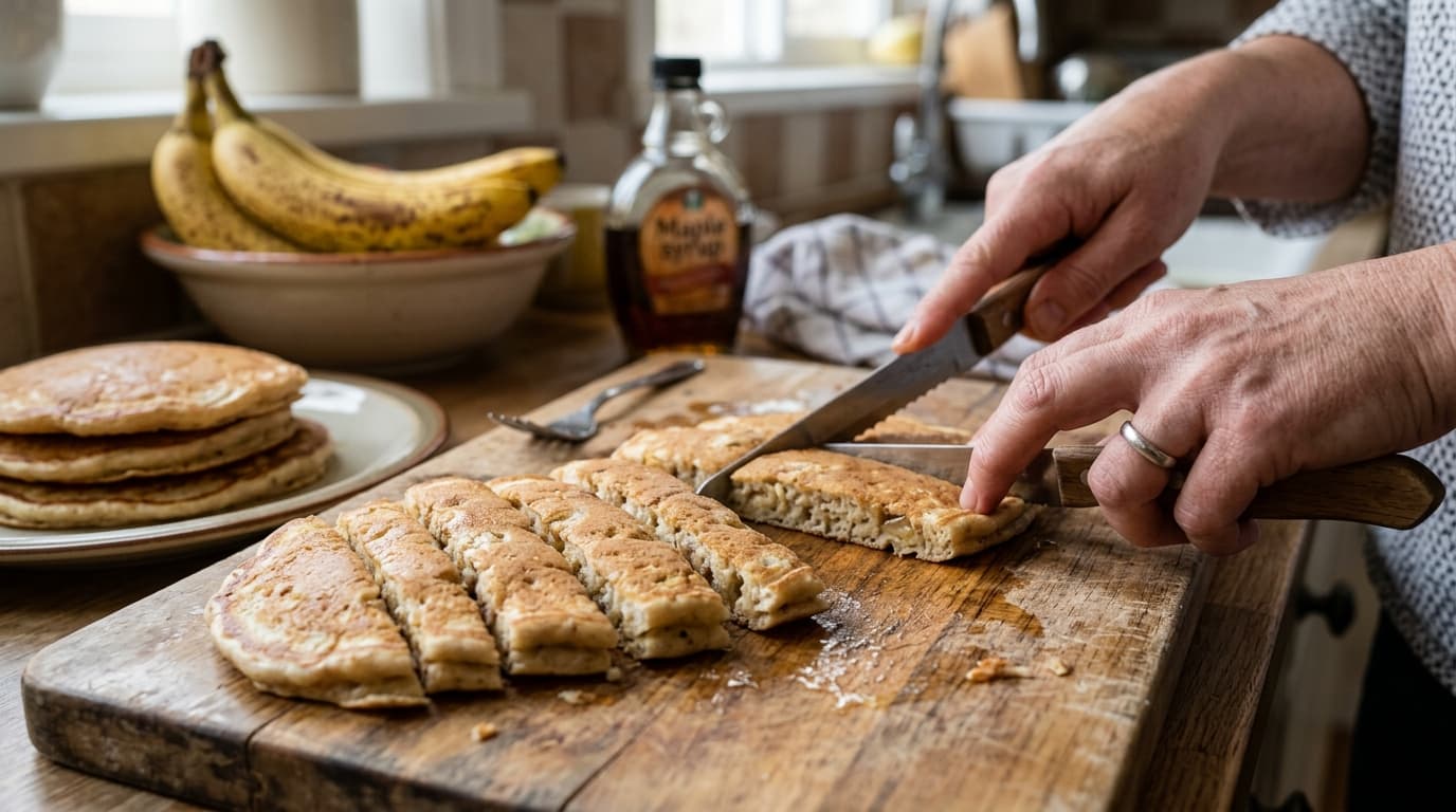 Tiras de panqueca de banana cortadas no formato de dedo sobre tábua de madeira