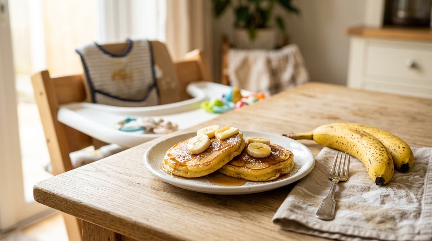 Panquecas de banana caseiras em prato sobre a mesa, ao lado de bananas maduras