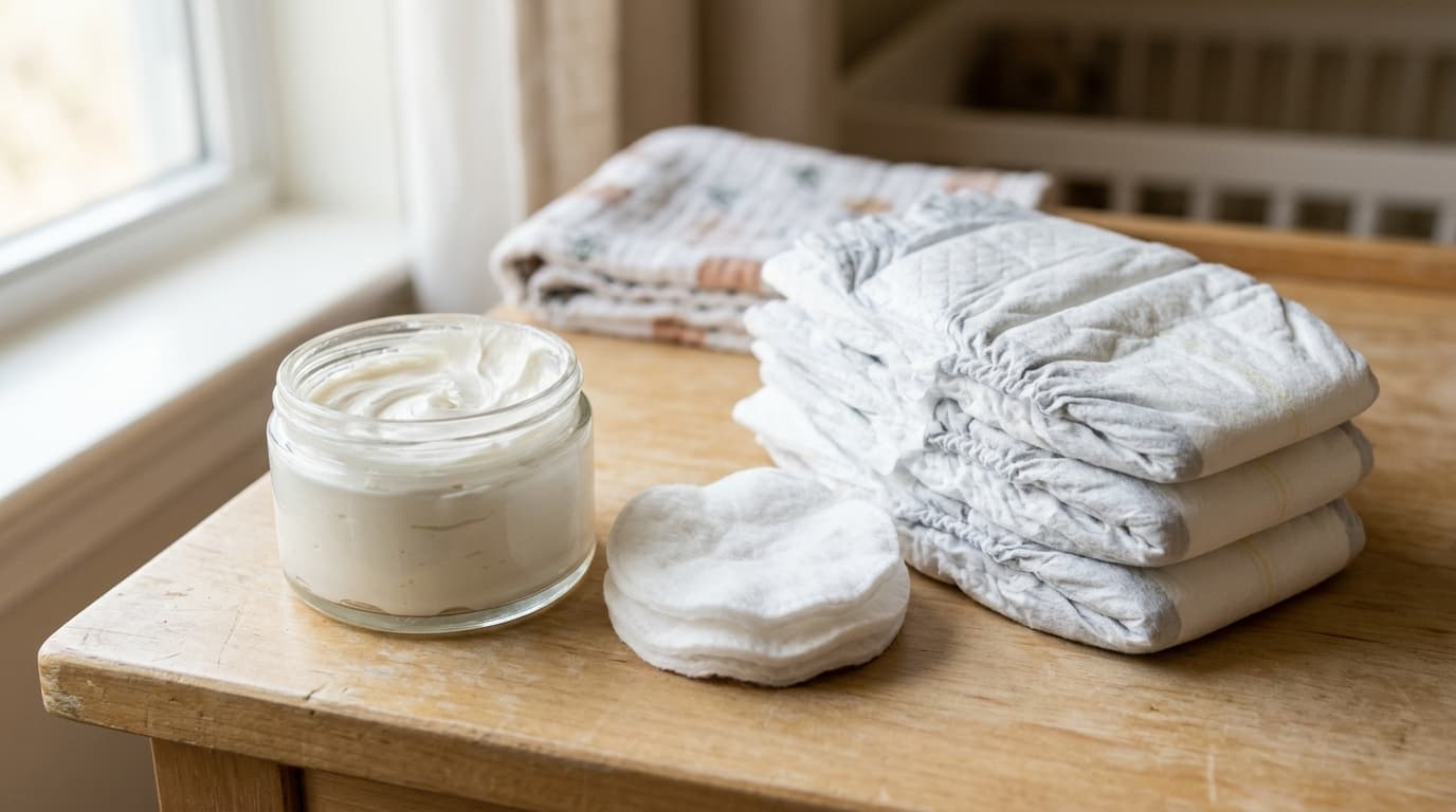 Pote de creme de barreira com óxido de zinco e algodão sobre superfície limpa, ao lado de fraldas