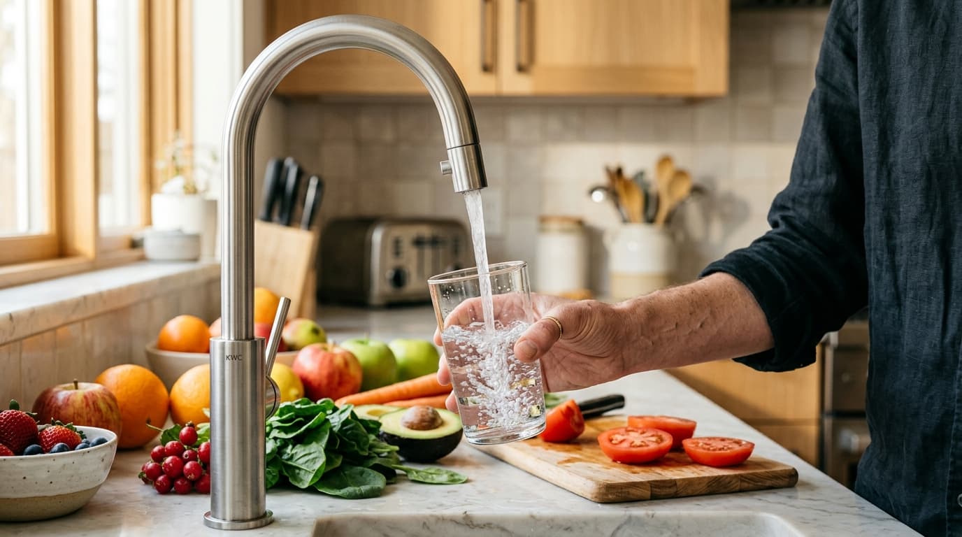 Copo de água sendo enchido ao lado de frutas e vegetais frescos sobre uma bancada de cozinha, representando boa hidratação e alimentação equilibrada