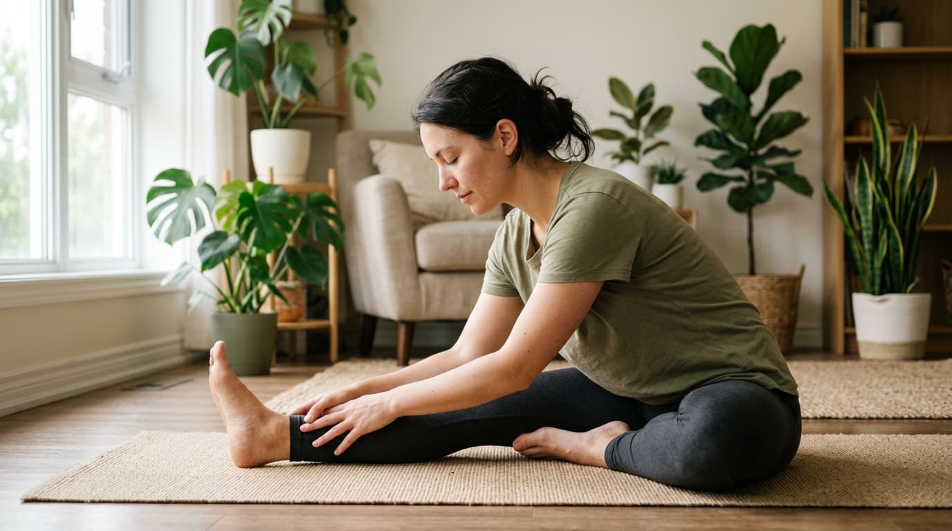 Frau macht zu Hause auf einer Yogamatte eine sanfte Dehnübung in ruhiger Wohlfühlatmosphäre