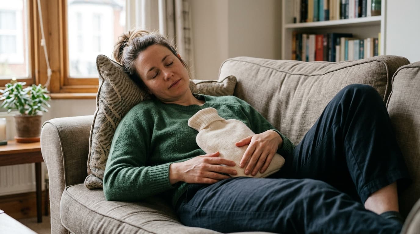 Junge Frau ruht zu Hause mit einer Wärmflasche auf dem Unterbauch entspannt auf dem Sofa, weiches Tageslicht
