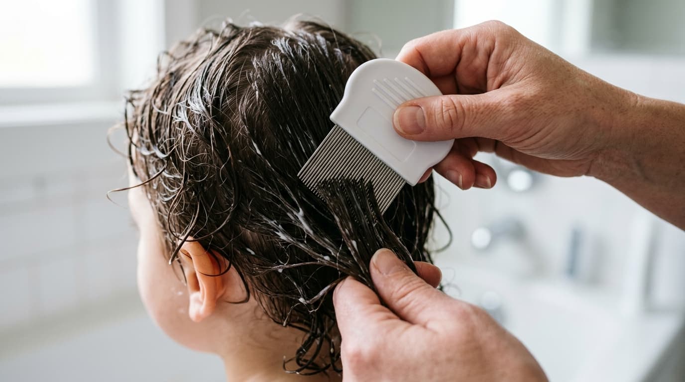 Manos de un adulto pasando un peine de liendres por el cabello húmedo de un niño
