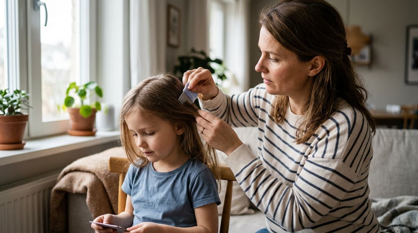 Madre revisando con un peine de liendres el cabello de su hija en busca de piojos