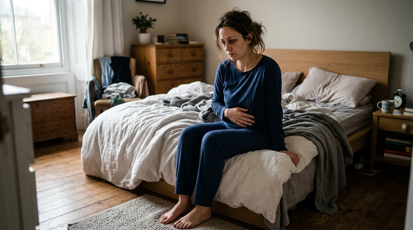Mulher sentada na cama pela manhã com expressão de cansaço e mão sobre o abdome