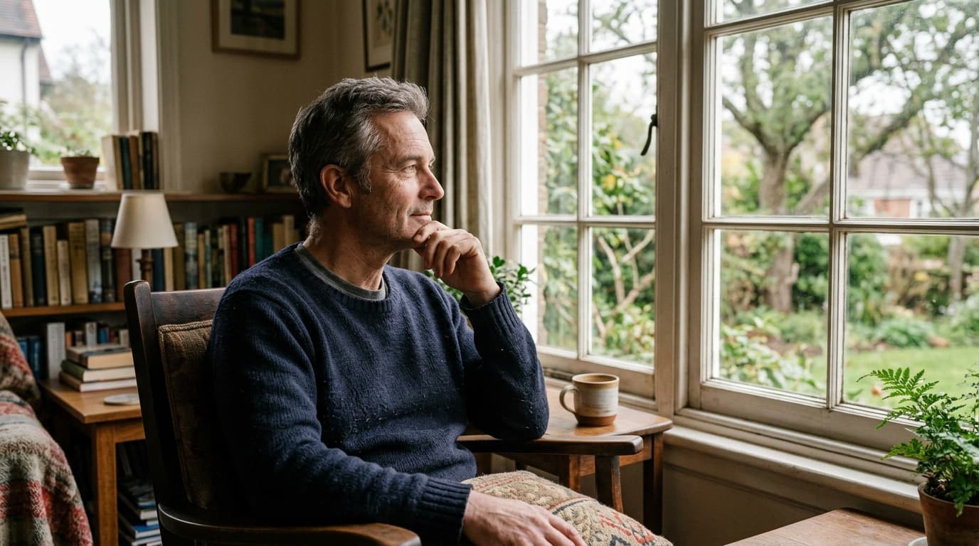 Hombre adulto de unos cincuenta años con expresión serena sentado junto a una ventana con luz natural