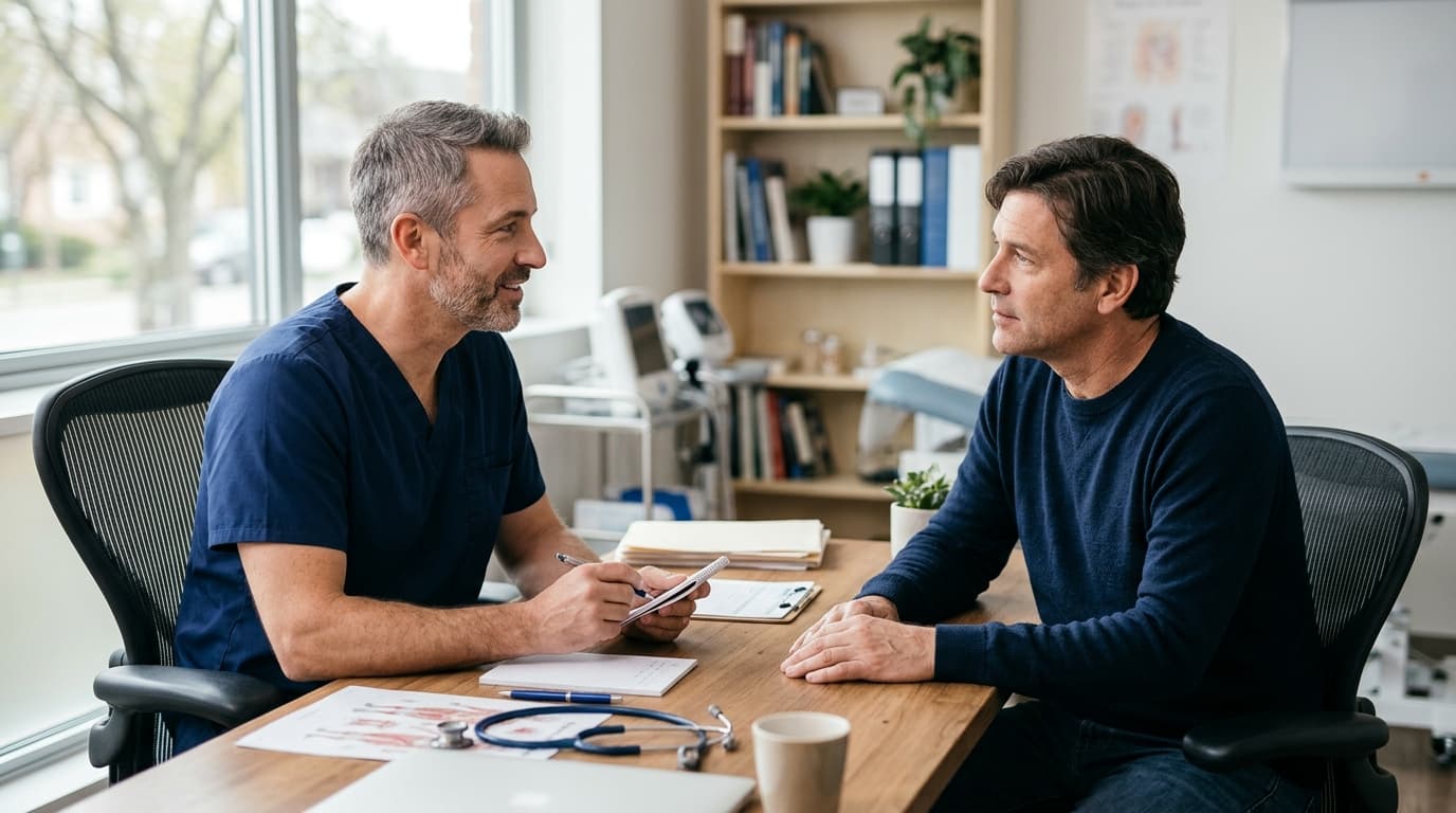 Profesional sanitario conversando con un paciente adulto en una consulta médica luminosa y tranquila