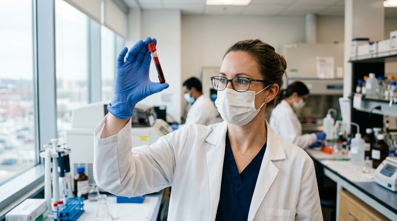 Profesional de laboratorio sosteniendo un tubo de sangre etiquetado para el análisis de proteína C reactiva