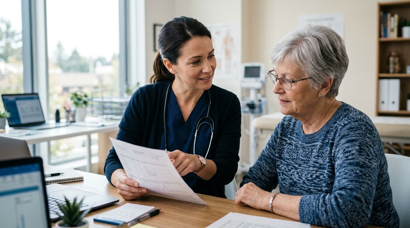 Persona revisando un informe de análisis de sangre con un profesional de salud durante una consulta