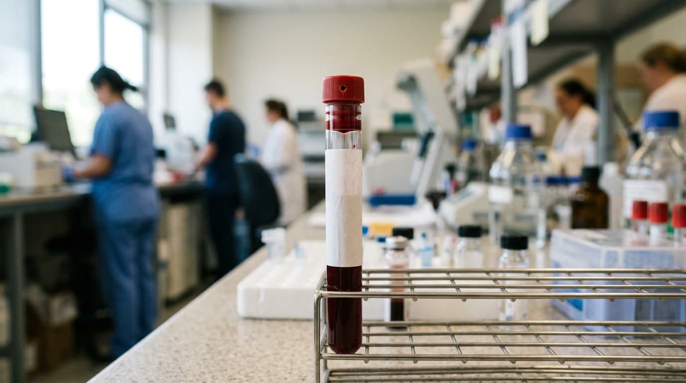 Tubo de sangre etiquetado para análisis de proteína C reactiva sobre una mesa de laboratorio con luz neutra