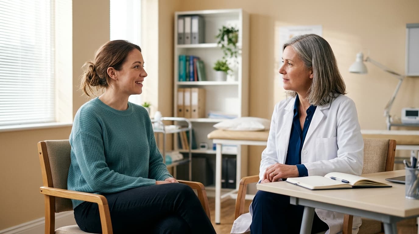 Mujer en una consulta conversando con una profesional de la salud sobre el inicio del embarazo