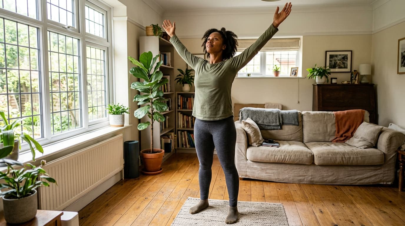Person macht eine sanfte Dehnübung für den Rücken im Wohnzimmer