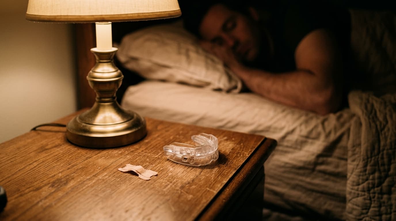 Auf einem Nachttisch liegen ein Nasenpflaster und eine Unterkieferschiene als Beispiele für Hilfsmittel