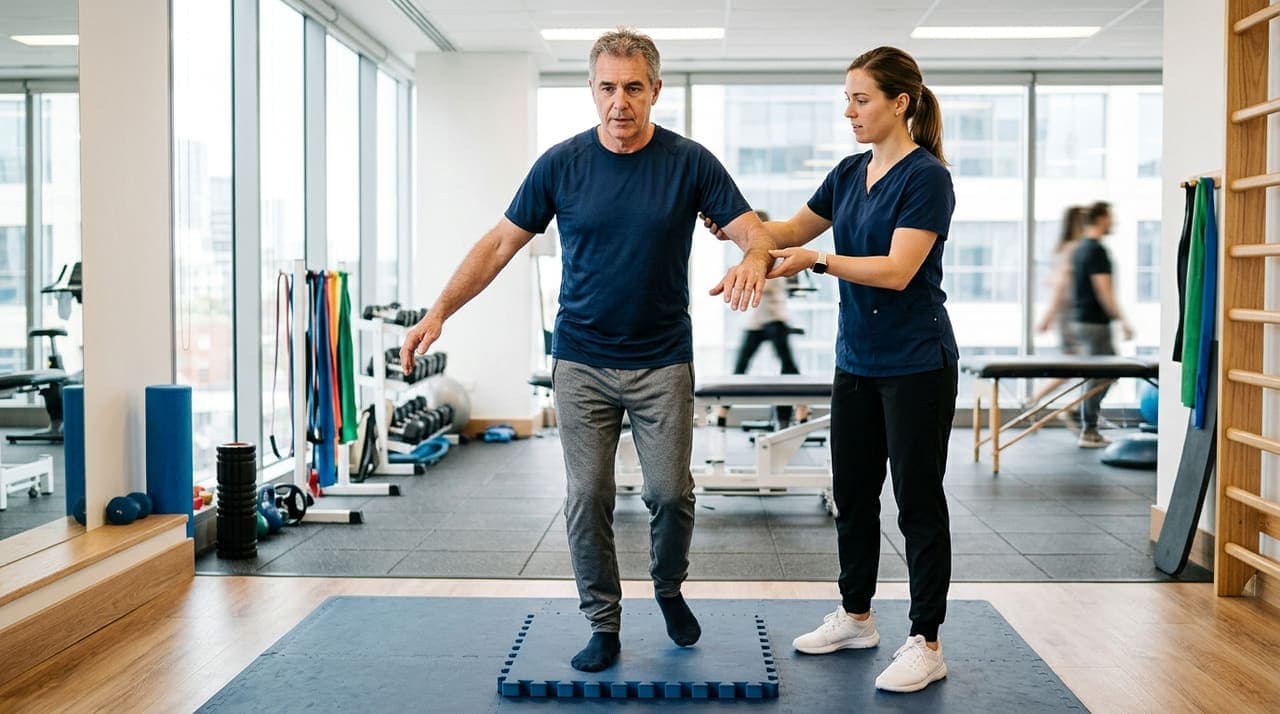 Physiotherapeutin leitet eine Person bei einer Gleichgewichtsuebung an, die sicheren Stand und langsame Kopfbewegungen ueben