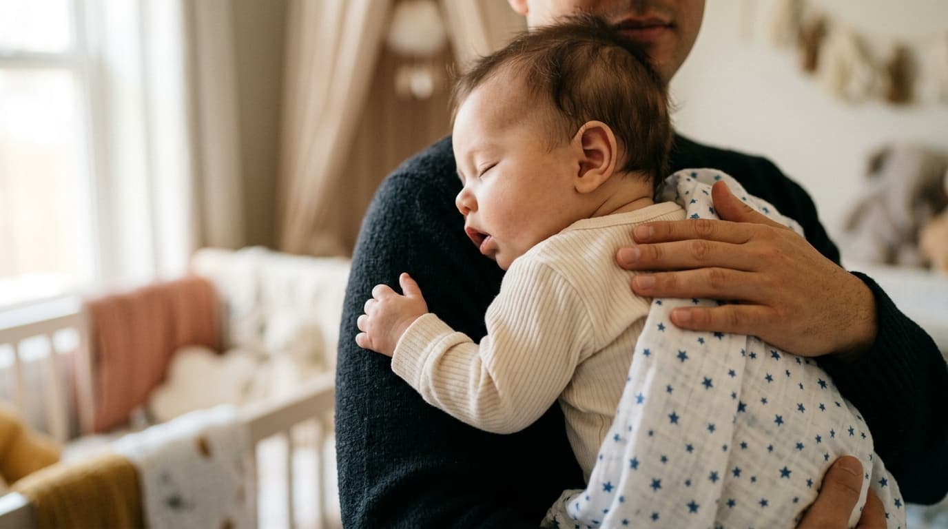 Realistic photo of a parent holding a calm baby upright against the shoulder after feeding
