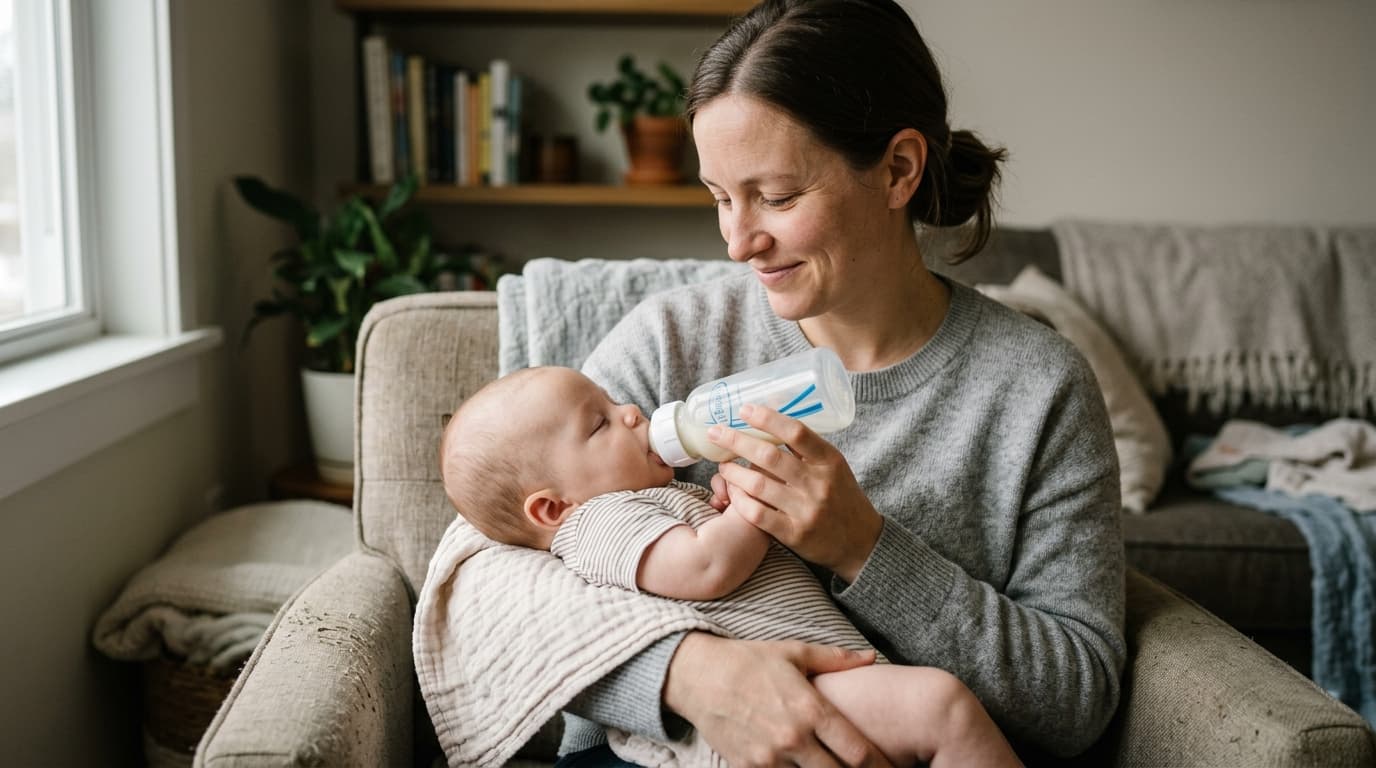 Realistic photo of a caregiver feeding a baby in a slightly upright, slanted position with the head higher than the stomach