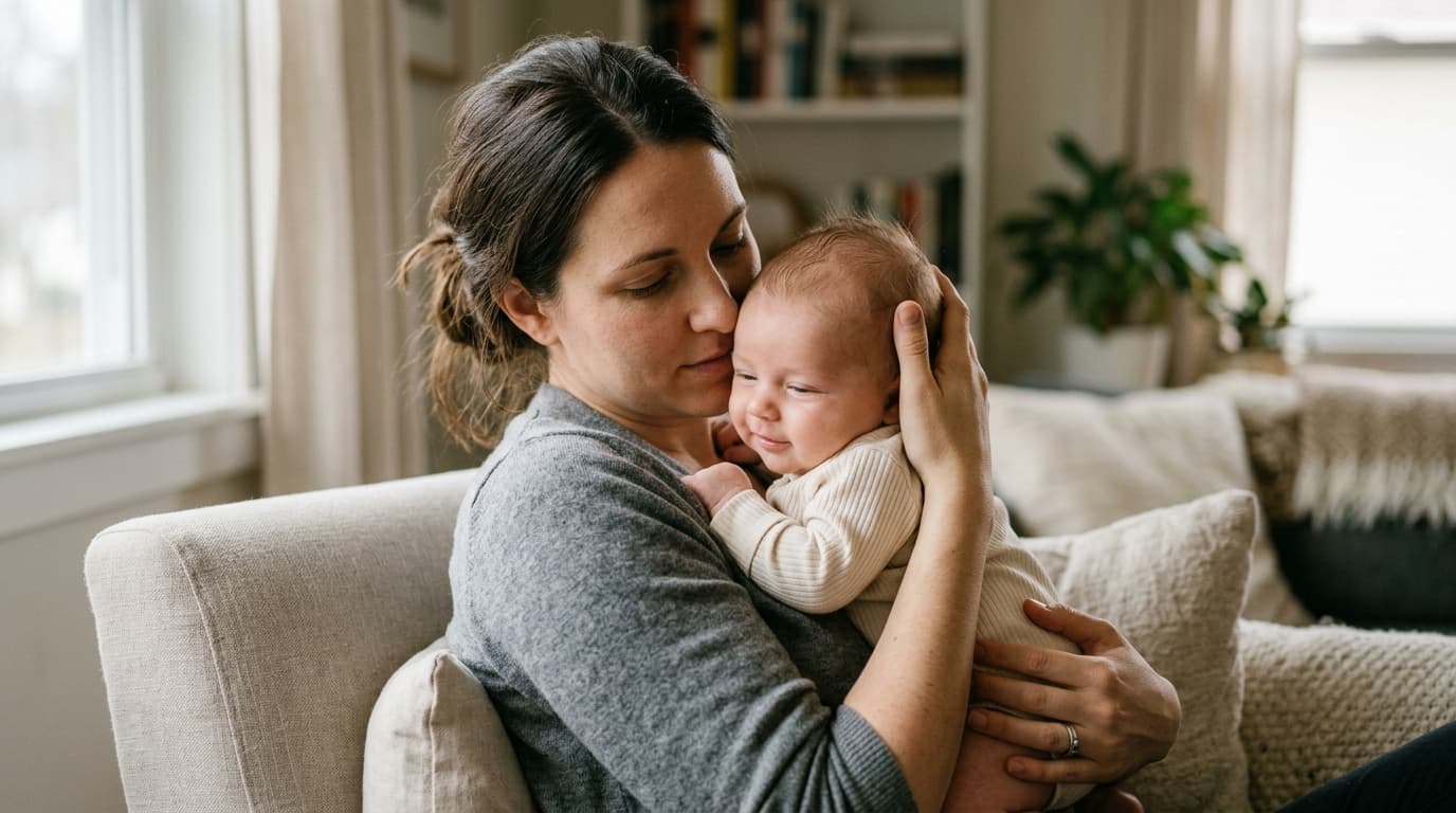 Realistic photo of a calm baby being held upright against a parent's shoulder after a feed