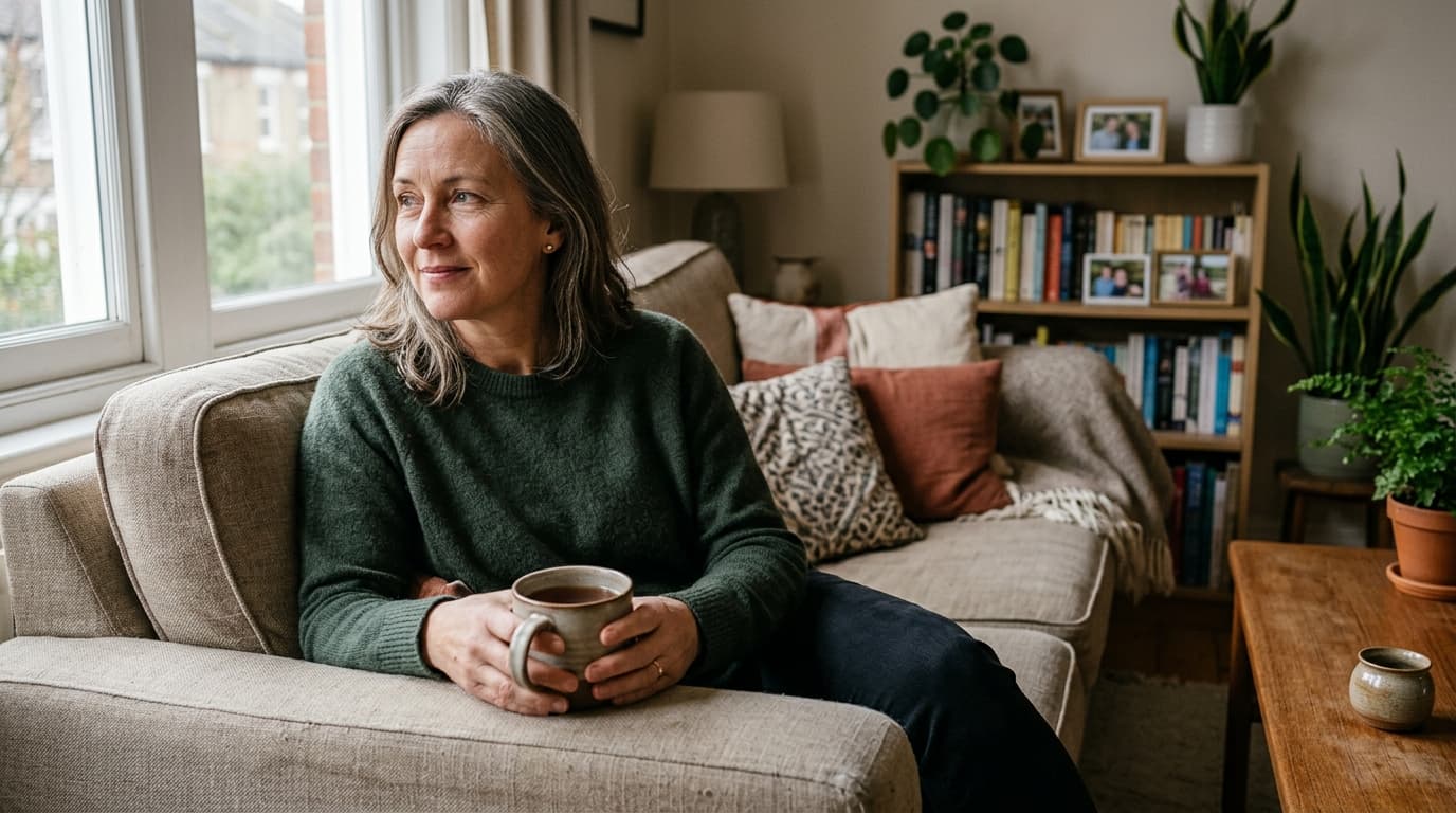 Mujer de mediana edad sentada con expresión tranquila reflexionando sobre los cambios de esta etapa