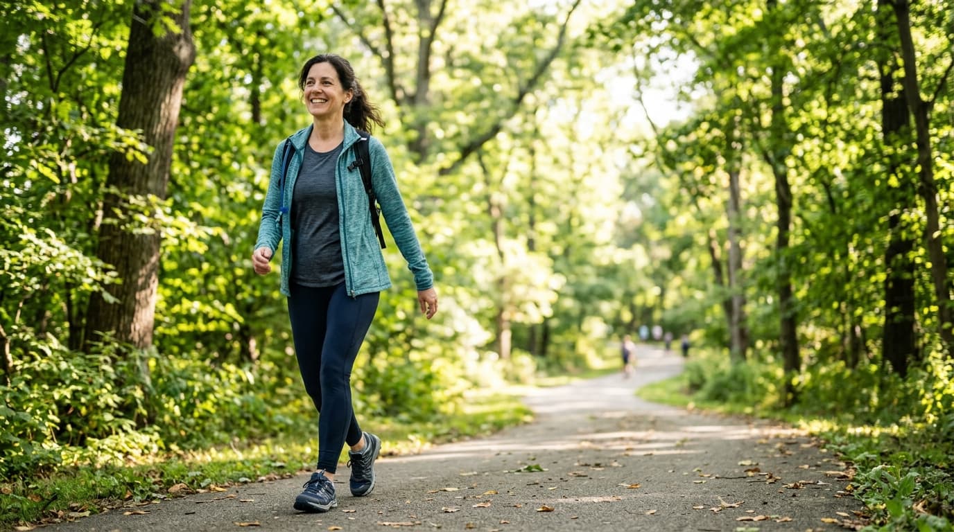Mujer de mediana edad caminando al aire libre con ropa cómoda como parte de sus hábitos saludables