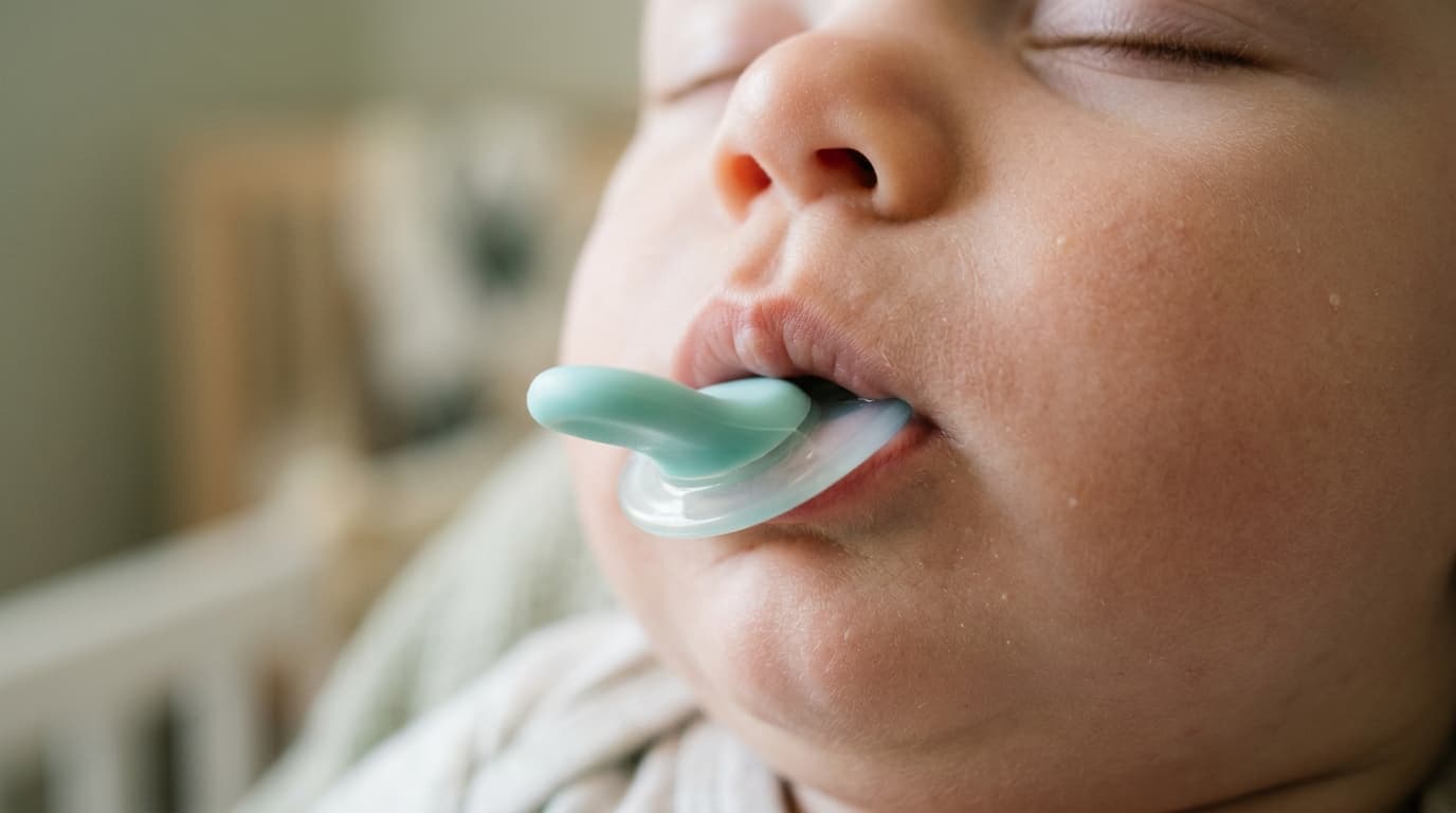 Realistic close-up of a baby's mouth with a soother resting between the lips