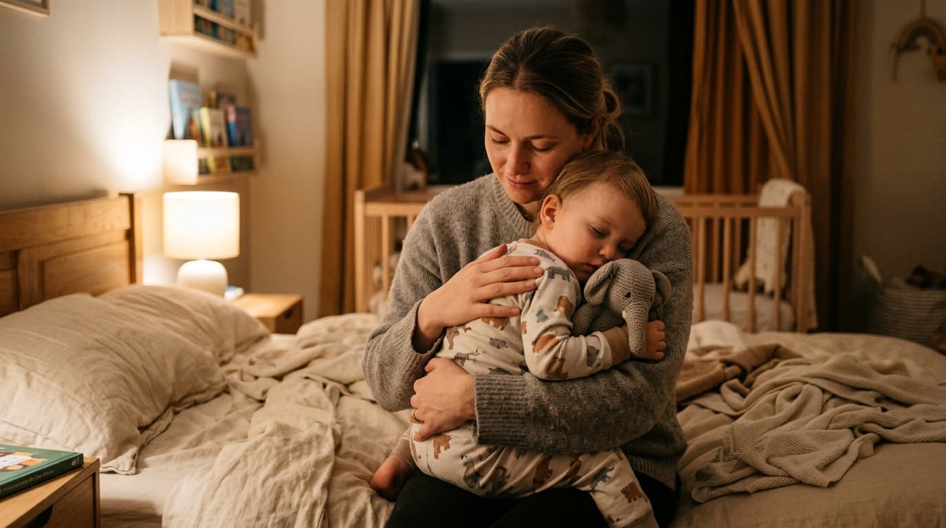 Realistic photo of a parent comforting a toddler at bedtime without a soother