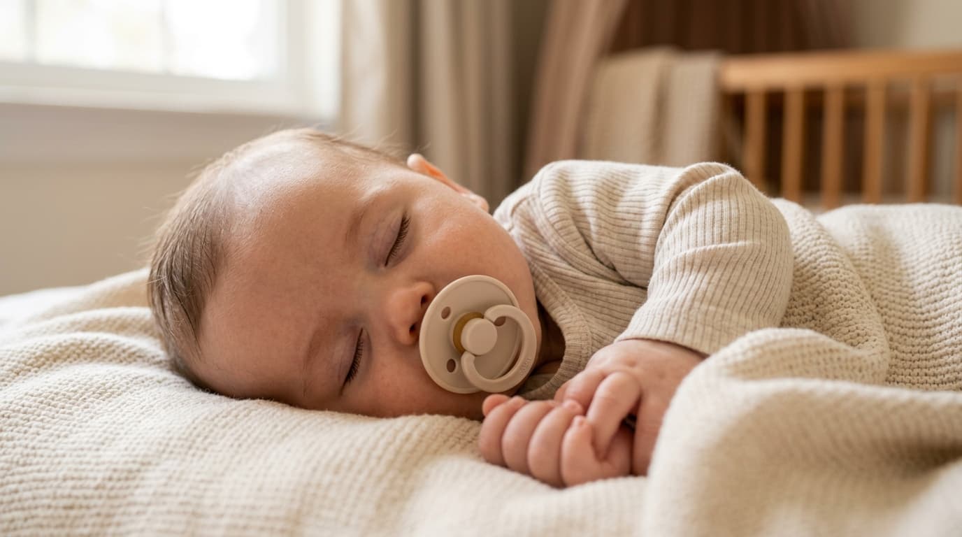 Realistic photo of a calm baby resting with a soother, soft natural light