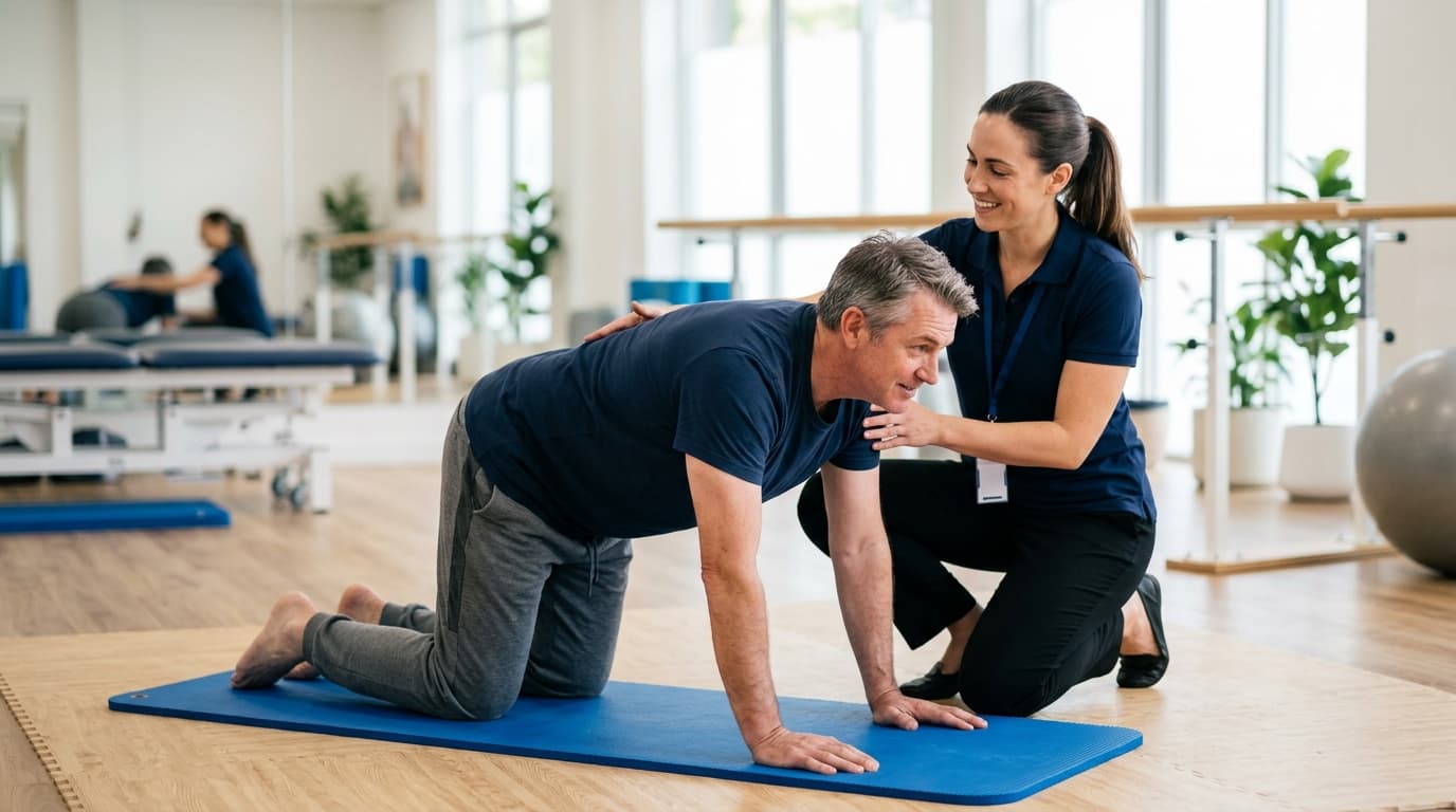 Physiotherapeutin leitet eine Person bei einer sanften Rückenkräftigungsübung an