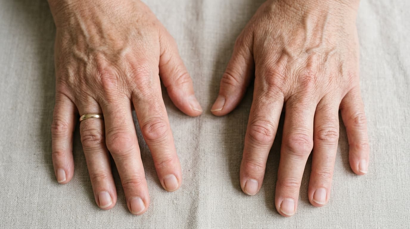 Close-up of two hands with visibly swollen knuckles on a light table, showing symmetrical joint swelling