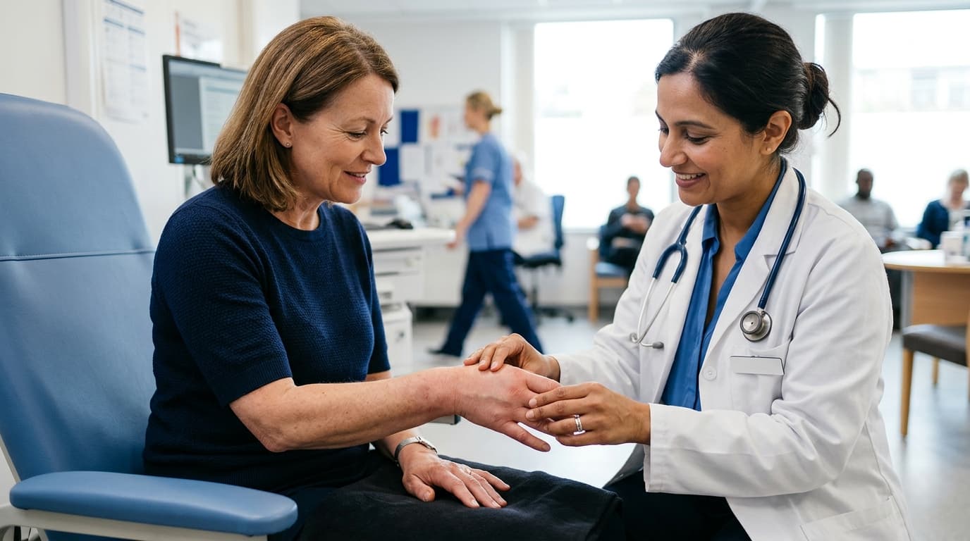 A doctor in a white coat gently examining the swollen wrist and fingers of a seated patient in a bright clinic