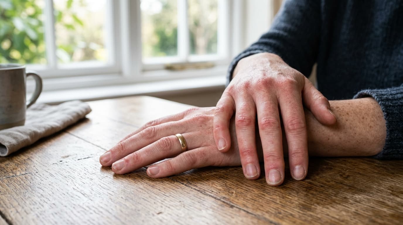 Close-up of a person's hands with swollen finger joints resting on a table, illustrating early rheumatoid arthritis