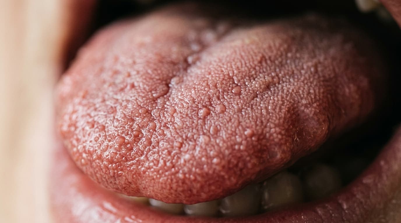 Realistic close-up of a tongue showing a small red bump among the papillae