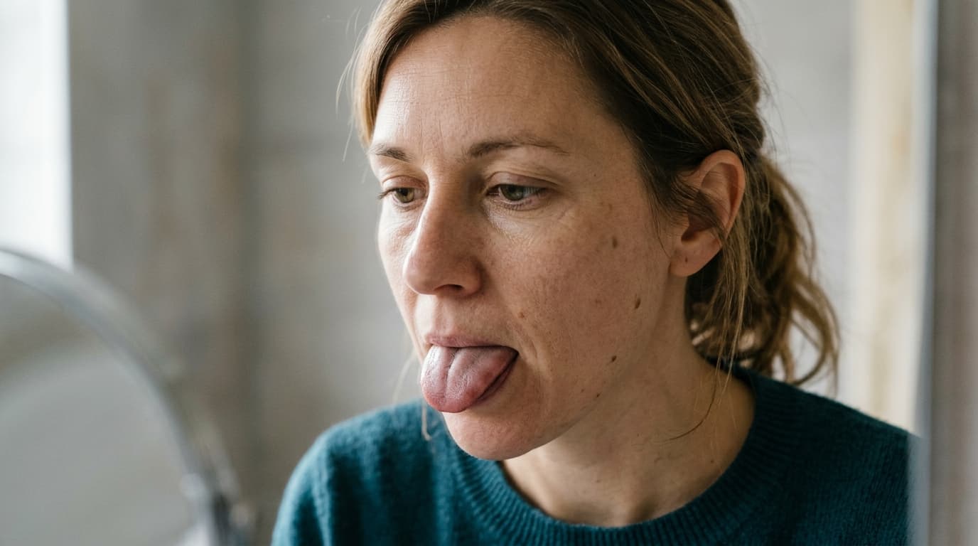 Realistic close-up photo of a person's tongue showing the small papillae on the surface