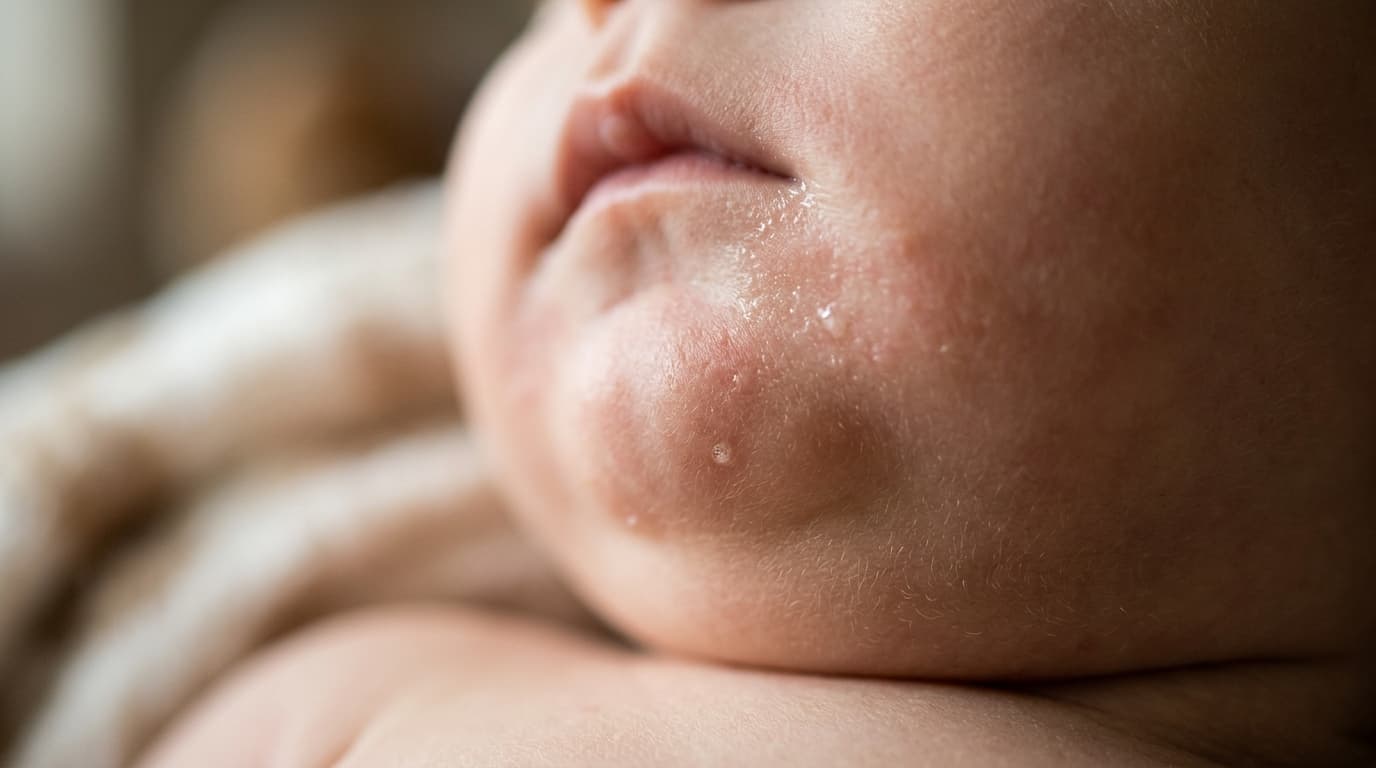 Realistic close-up of a teething baby's chin with mild redness from drool