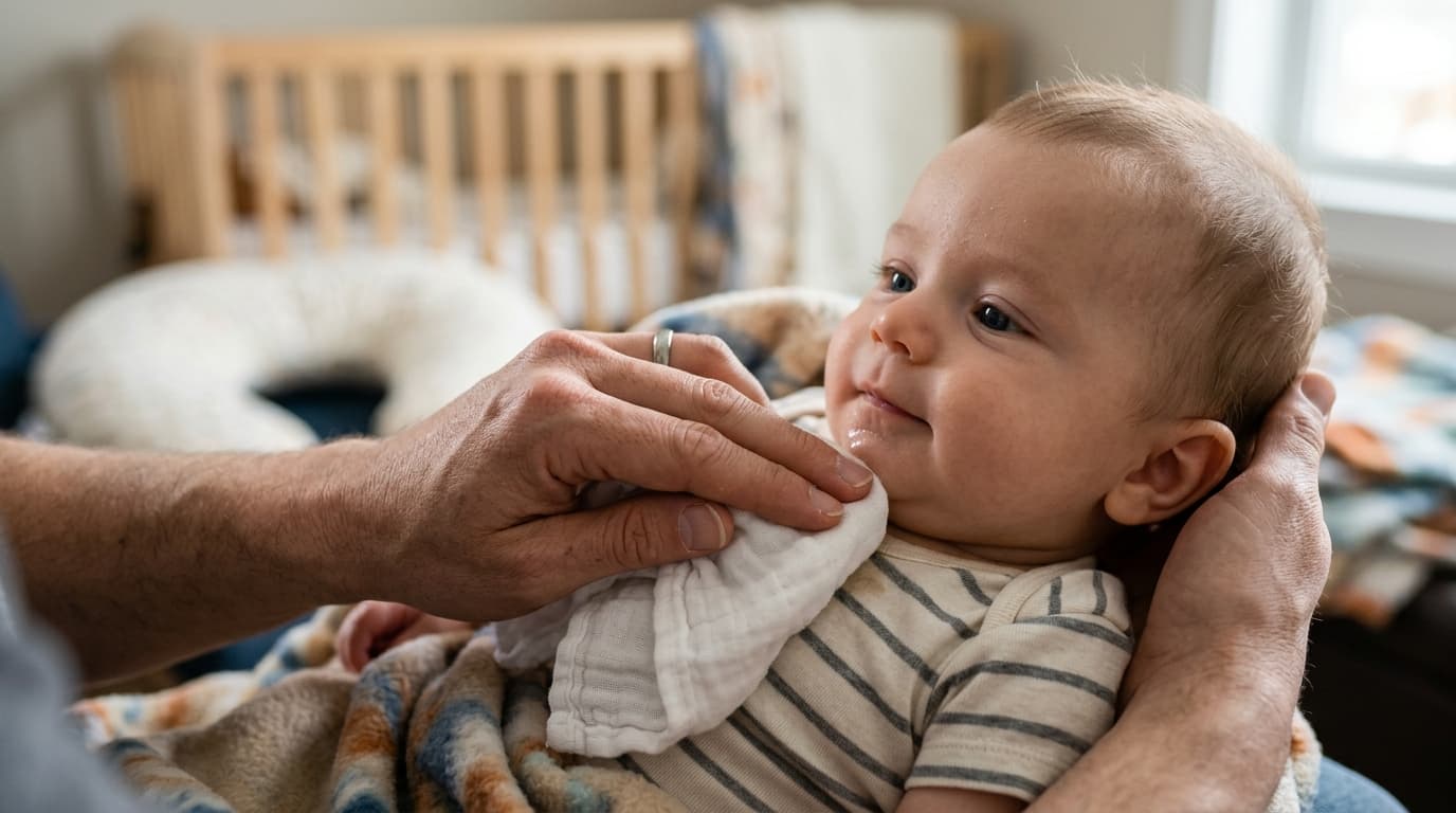 Realistic photo of a caregiver gently patting a baby's chin dry with a soft cloth