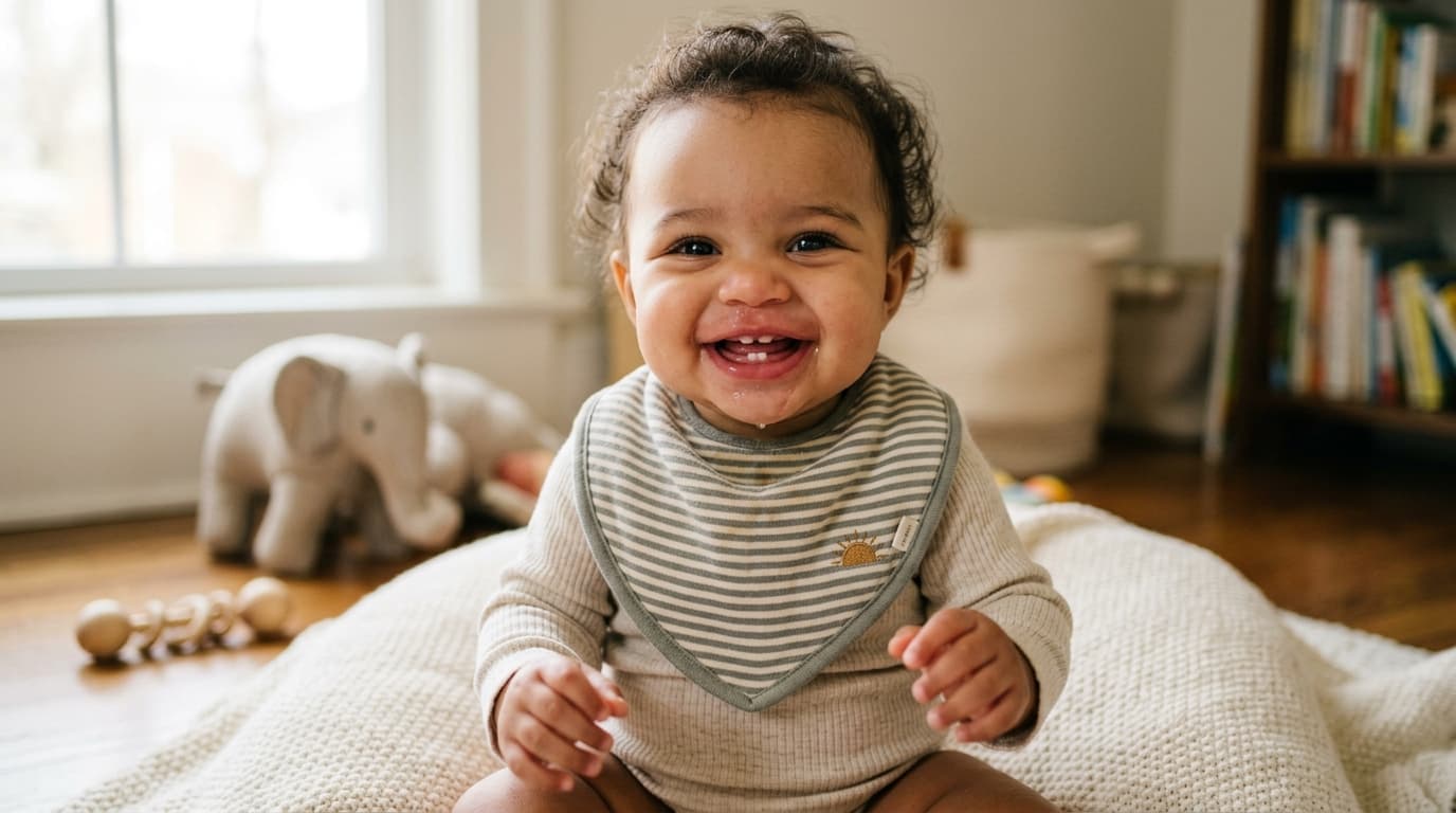 Realistic photo of a smiling teething baby with a bib, drooling, with mild redness around the chin