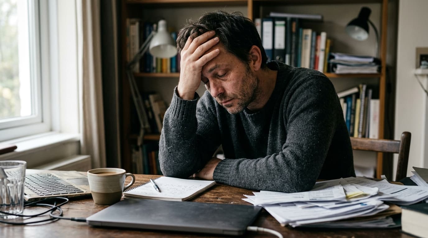 Homem adulto cansado apoiado em uma mesa de trabalho, com expressão de desânimo