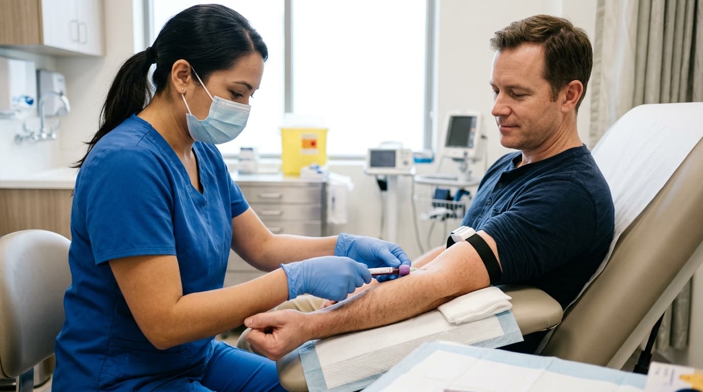 Profesional sanitario extrayendo una muestra de sangre del brazo de un paciente en una consulta médica luminosa