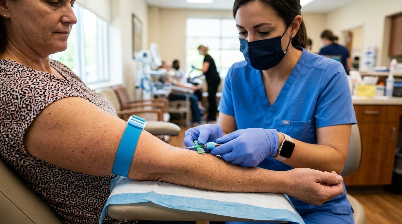 Profissional coletando uma amostra de sangue do braço de uma pessoa em uma clínica para exame de tireoide